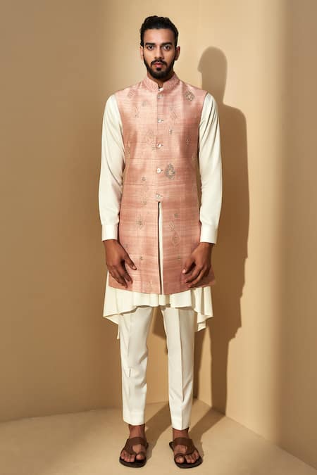 Buy Dhruv Vaish Beige Raw Silk, Satin, Terry Embroidered Bundi And Kurta Set Online at Aza Fashions Buy_Dhruv Vaish_Beige Raw Silk, Satin, Terry Embroidered Bundi And Kurta Set _Online_at_Aza_Fashions