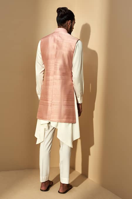 Shop Dhruv Vaish Beige Raw Silk, Satin, Terry Embroidered Bundi And Kurta Set at Aza Fashions Shop_Dhruv Vaish_Beige Raw Silk, Satin, Terry Embroidered Bundi And Kurta Set _at_Aza_Fashions