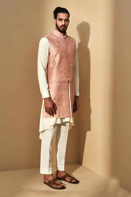 Dhruv Vaish Beige Raw Silk, Satin, Terry Embroidered Bundi And Kurta Set Online at Aza Fashions Dhruv Vaish_Beige Raw Silk, Satin, Terry Embroidered Bundi And Kurta Set _Online_at_Aza_Fashions