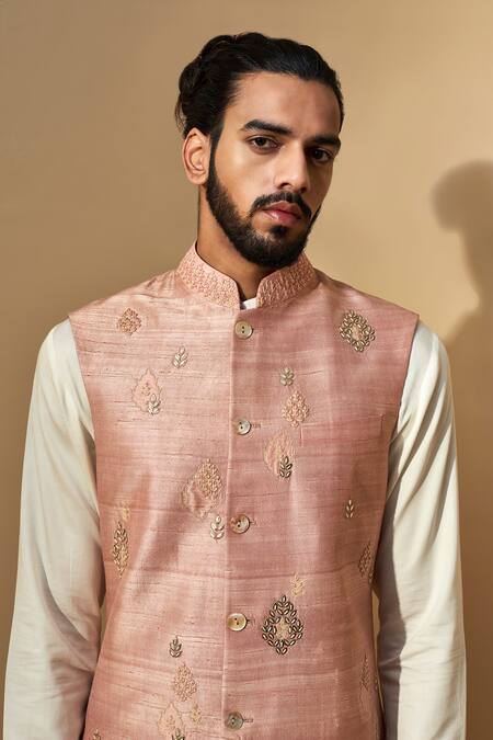 Shop Dhruv Vaish Beige Raw Silk, Satin, Terry Embroidered Bundi And Kurta Set Online at Aza Fashions Shop_Dhruv Vaish_Beige Raw Silk, Satin, Terry Embroidered Bundi And Kurta Set _Online_at_Aza_Fashions