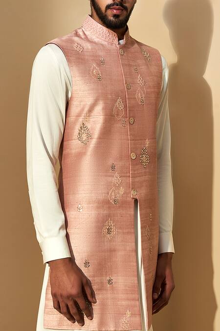 Dhruv Vaish Beige Raw Silk, Satin, Terry Embroidered Bundi And Kurta Set at Aza Fashions Dhruv Vaish_Beige Raw Silk, Satin, Terry Embroidered Bundi And Kurta Set _at_Aza_Fashions