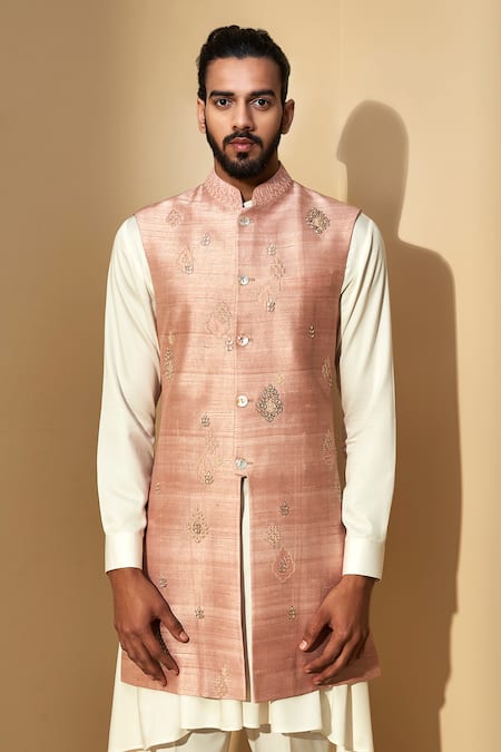 Dhruv Vaish Beige Raw Silk Embroidered Bundi And Kurta Set  