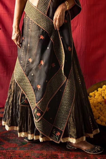 Shop_Nini Mishra_Black Tissue Crushed Skirt Lehenga_at_Aza_Fashions