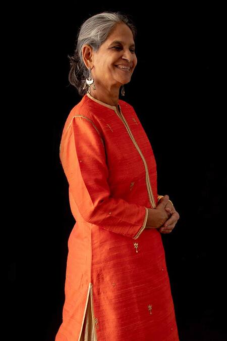 Nini Mishra_Orange Raw Silk Embroidered Kurta And Skirt Set_Online_at_Aza_Fashions