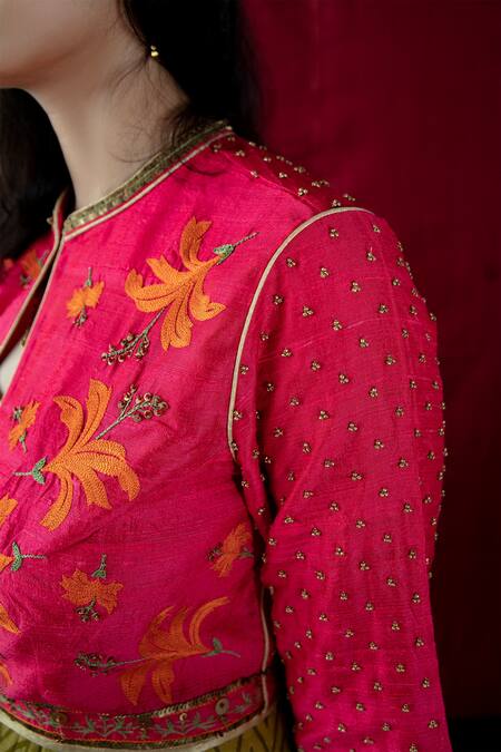 Buy_Nini Mishra_Green Raw Silk Block Print Dress With Embroidered Cropped Jacket_Online_at_Aza_Fashions