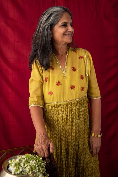 Nini Mishra_Green Cotton Silk Block Print Crushed Tiered Kurta_Online_at_Aza_Fashions