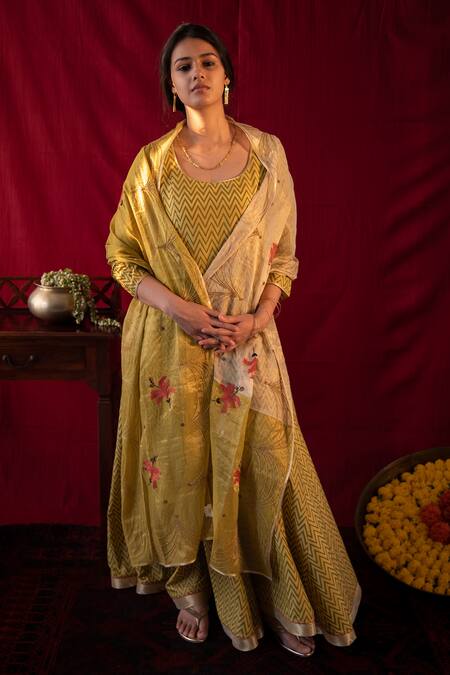 Nini Mishra_Green Cotton Silk Moss Block Print Anarkali_Online_at_Aza_Fashions