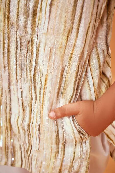 Shop Little Luxury Multi Color Linen, Cotton Sequins Striped Kurta Set Online at Aza Fashions Shop_Little Luxury_Multi Color Linen, Cotton Sequins Striped Kurta Set _Online_at_Aza_Fashions