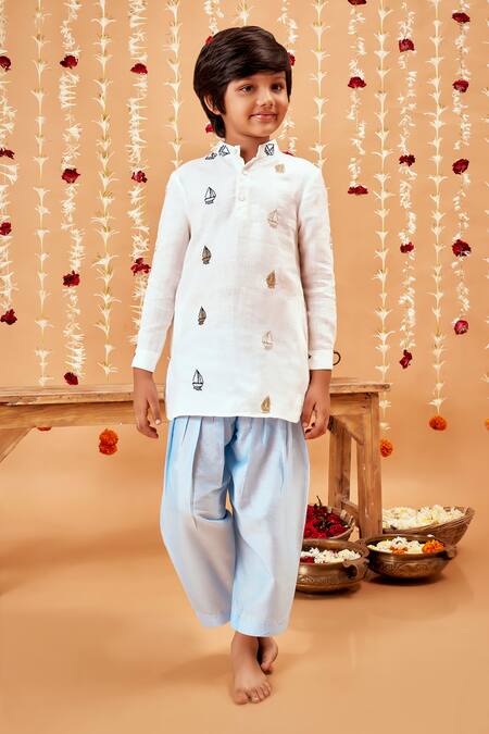 Shop Little Luxury White Linen, Satin, Embroidery Kurta Set With Pajama at Aza Fashions Shop_Little Luxury_White Linen, Satin, Embroidery Kurta Set With Pajama _at_Aza_Fashions