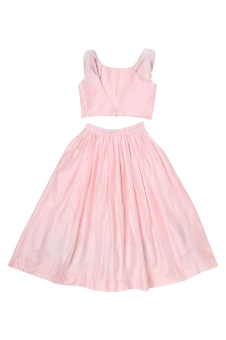 Shop Little Luxury Pink Chanderi Embroidery Lehenga Set at Aza Fashions Shop_Little Luxury_Pink Chanderi Embroidery Lehenga Set _at_Aza_Fashions