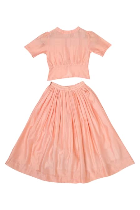 Shop Little Luxury Peach Chanderi Embroidery Lehenga Set at Aza Fashions Shop_Little Luxury_Peach Chanderi Embroidery Lehenga Set _at_Aza_Fashions