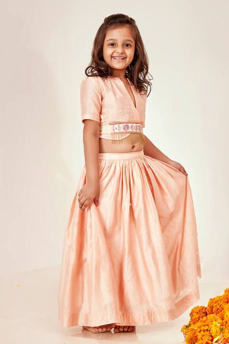 Buy Little Luxury Peach Chanderi Embroidery Lehenga Set Online at Aza Fashions Buy_Little Luxury_Peach Chanderi Embroidery Lehenga Set _Online_at_Aza_Fashions