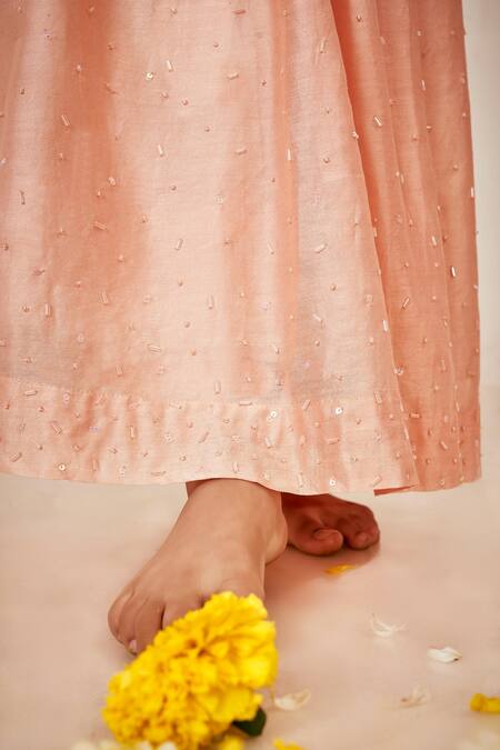 Shop Little Luxury Peach Chanderi Embroidery Lehenga Set Online at Aza Fashions Shop_Little Luxury_Peach Chanderi Embroidery Lehenga Set _Online_at_Aza_Fashions