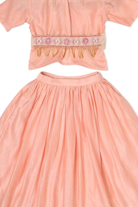 Little Luxury Peach Chanderi Embroidery Lehenga Set at Aza Fashions Little Luxury_Peach Chanderi Embroidery Lehenga Set _at_Aza_Fashions
