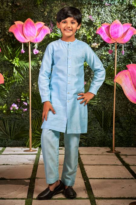 Little Luxury_Blue Chanderi Embroidery Bundi And Kurta Set _Online_at_Aza_Fashions