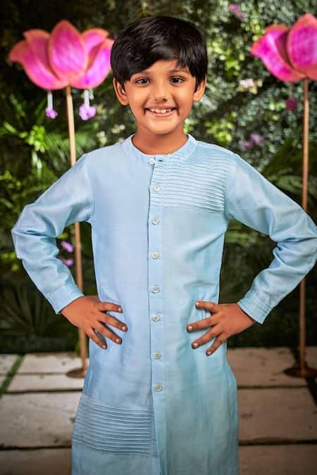 Buy_Little Luxury_Blue Chanderi Embroidery Bundi And Kurta Set _Online_at_Aza_Fashions