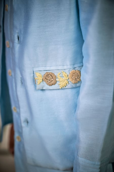 Shop_Little Luxury_Blue Chanderi Embroidery Bundi And Kurta Set _Online_at_Aza_Fashions