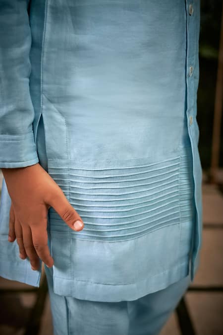 Little Luxury_Blue Chanderi Embroidery Bundi And Kurta Set _at_Aza_Fashions