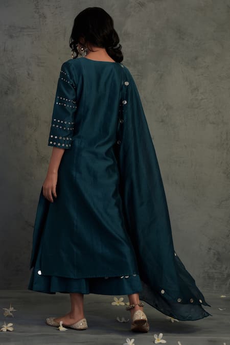 Shop_Charkhee_Blue Cotton, Chanderi Round Kurta Set _at_Aza_Fashions