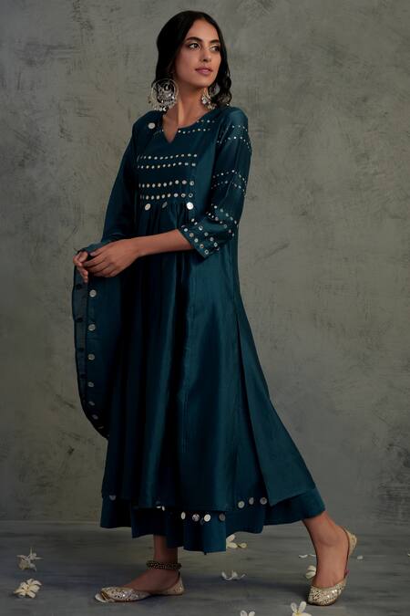 Charkhee_Blue Cotton, Chanderi Round Kurta Set _Online_at_Aza_Fashions
