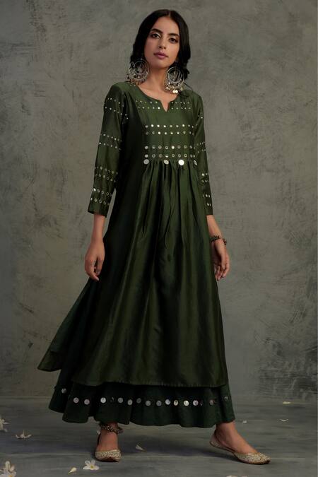 Charkhee_Green Cotton, Chanderi Round Kurta Set _Online_at_Aza_Fashions