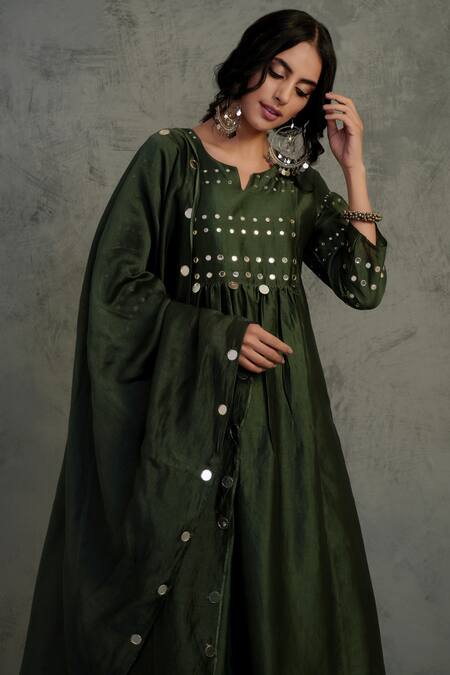 Buy_Charkhee_Green Cotton, Chanderi Round Kurta Set _Online_at_Aza_Fashions