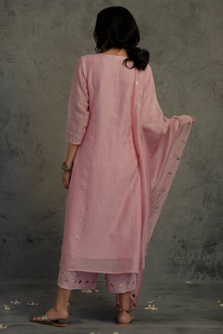 Shop_Charkhee_Pink Chanderi Round Kurta Set _at_Aza_Fashions