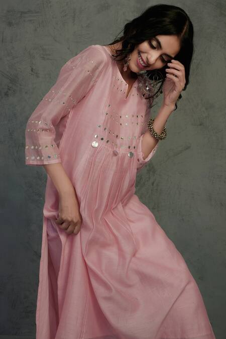 Shop_Charkhee_Pink Chanderi Round Kurta Set _Online_at_Aza_Fashions