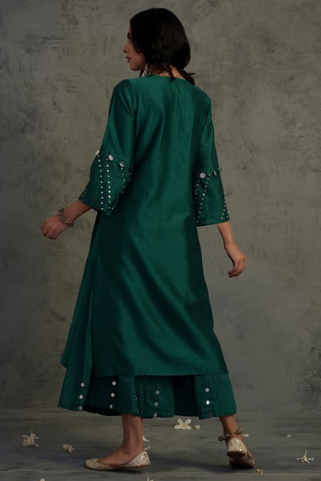 Shop_Charkhee_Green Cotton, Chanderi V Neck Pleated Kurta Set _at_Aza_Fashions