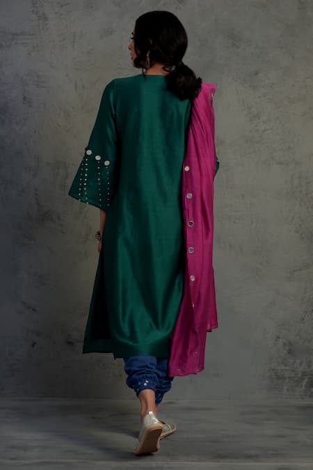 Shop_Charkhee_Green Cotton, Chanderi V Neck Pleated Kurta Set _at_Aza_Fashions