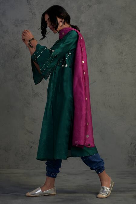 Buy_Charkhee_Green Cotton, Chanderi V Neck Pleated Kurta Set _Online_at_Aza_Fashions