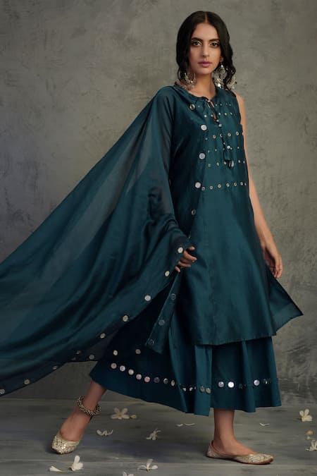 Charkhee Blue Cotton, Chanderi Round Kurta Set 