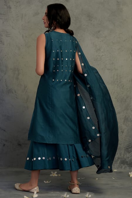 Shop_Charkhee_Blue Cotton, Chanderi Round Kurta Set _at_Aza_Fashions