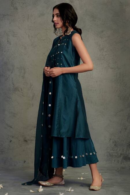 Charkhee_Blue Cotton, Chanderi Round Kurta Set _Online_at_Aza_Fashions