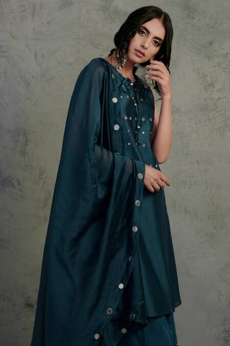 Buy_Charkhee_Blue Cotton, Chanderi Round Kurta Set _Online_at_Aza_Fashions