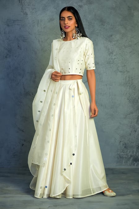 Charkhee White Chanderi Round Embroidered Lehenga Set 