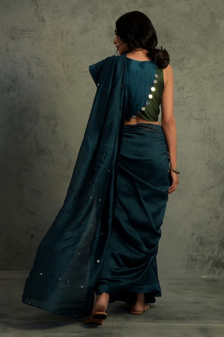 Shop_Charkhee_Blue Chanderi Round Embroidered Saree With Blouse _at_Aza_Fashions