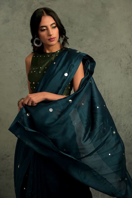 Charkhee_Blue Chanderi Round Embroidered Saree With Blouse _Online_at_Aza_Fashions