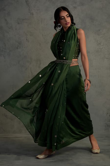 Charkhee_Green Chanderi Round Embroidered Saree With Blouse  _Online_at_Aza_Fashions