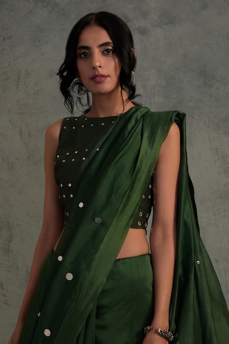 Buy_Charkhee_Green Chanderi Round Embroidered Saree With Blouse  _Online_at_Aza_Fashions