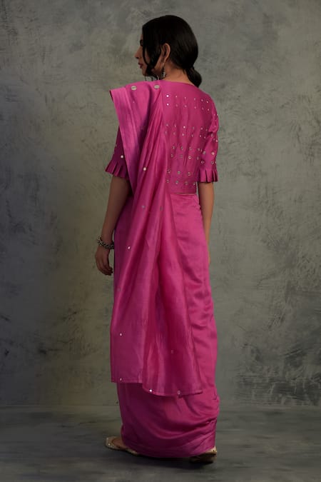 Shop_Charkhee_Pink Chanderi Round Embroidered Saree With Blouse  _at_Aza_Fashions