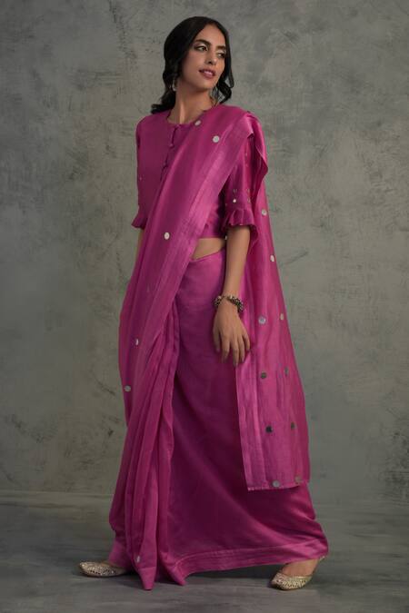 Charkhee_Pink Chanderi Round Embroidered Saree With Blouse  _Online_at_Aza_Fashions