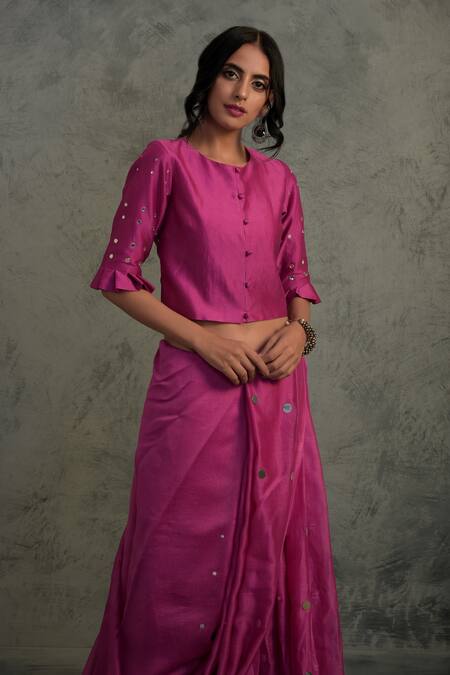 Buy_Charkhee_Pink Chanderi Round Embroidered Saree With Blouse  _Online_at_Aza_Fashions