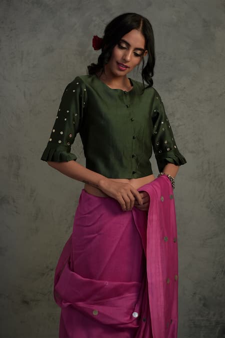 Shop_Charkhee_Pink Chanderi Round Embroidered Saree With Blouse  _Online_at_Aza_Fashions