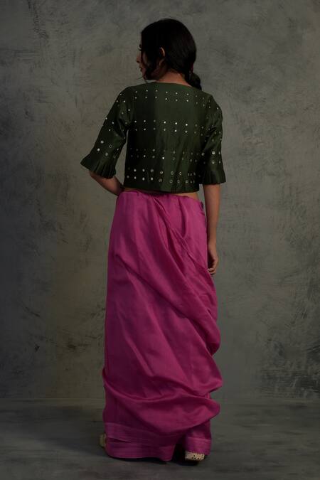 Charkhee_Pink Chanderi Round Embroidered Saree With Blouse  _at_Aza_Fashions