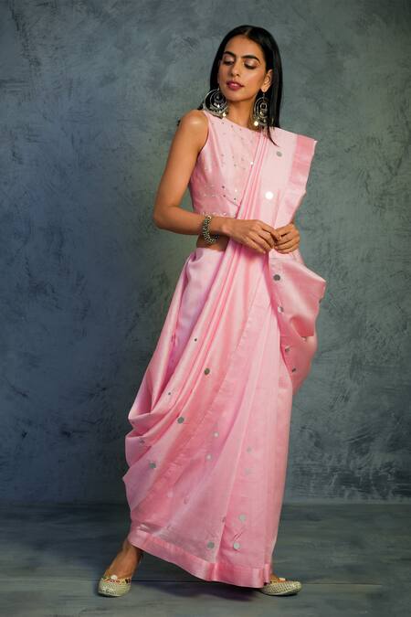 Charkhee_Pink Chanderi Round Embroidered Saree With Blouse  _Online_at_Aza_Fashions