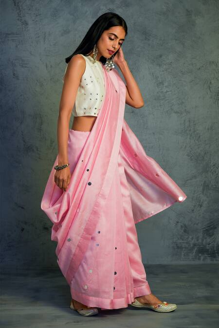 Shop_Charkhee_Pink Chanderi Round Embroidered Saree With Blouse  _Online_at_Aza_Fashions