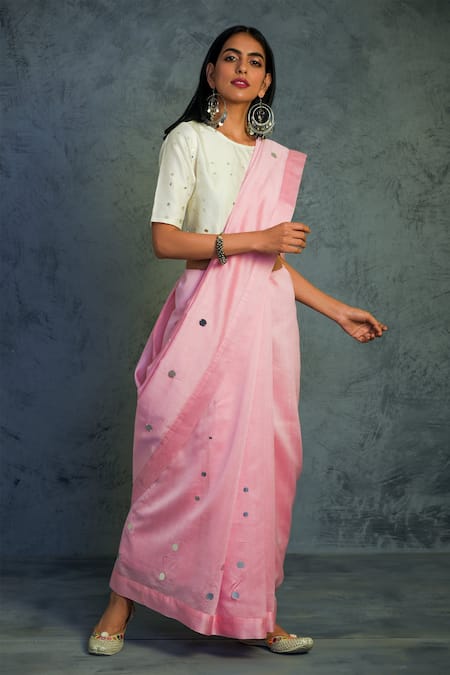 Charkhee_Pink Chanderi Round Embroidered Saree With Blouse  _Online_at_Aza_Fashions