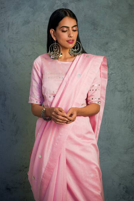 Shop_Charkhee_Pink Chanderi Round Embroidered Saree With Blouse  _Online_at_Aza_Fashions