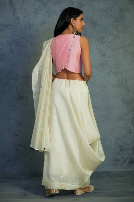 Shop_Charkhee_White Chanderi Round Embroidered Saree With Blouse  _at_Aza_Fashions